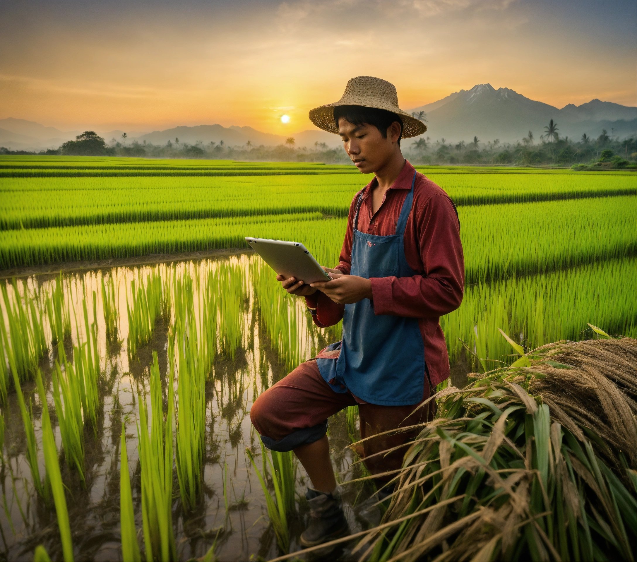 young farmer using ipad tab in the middle of rice